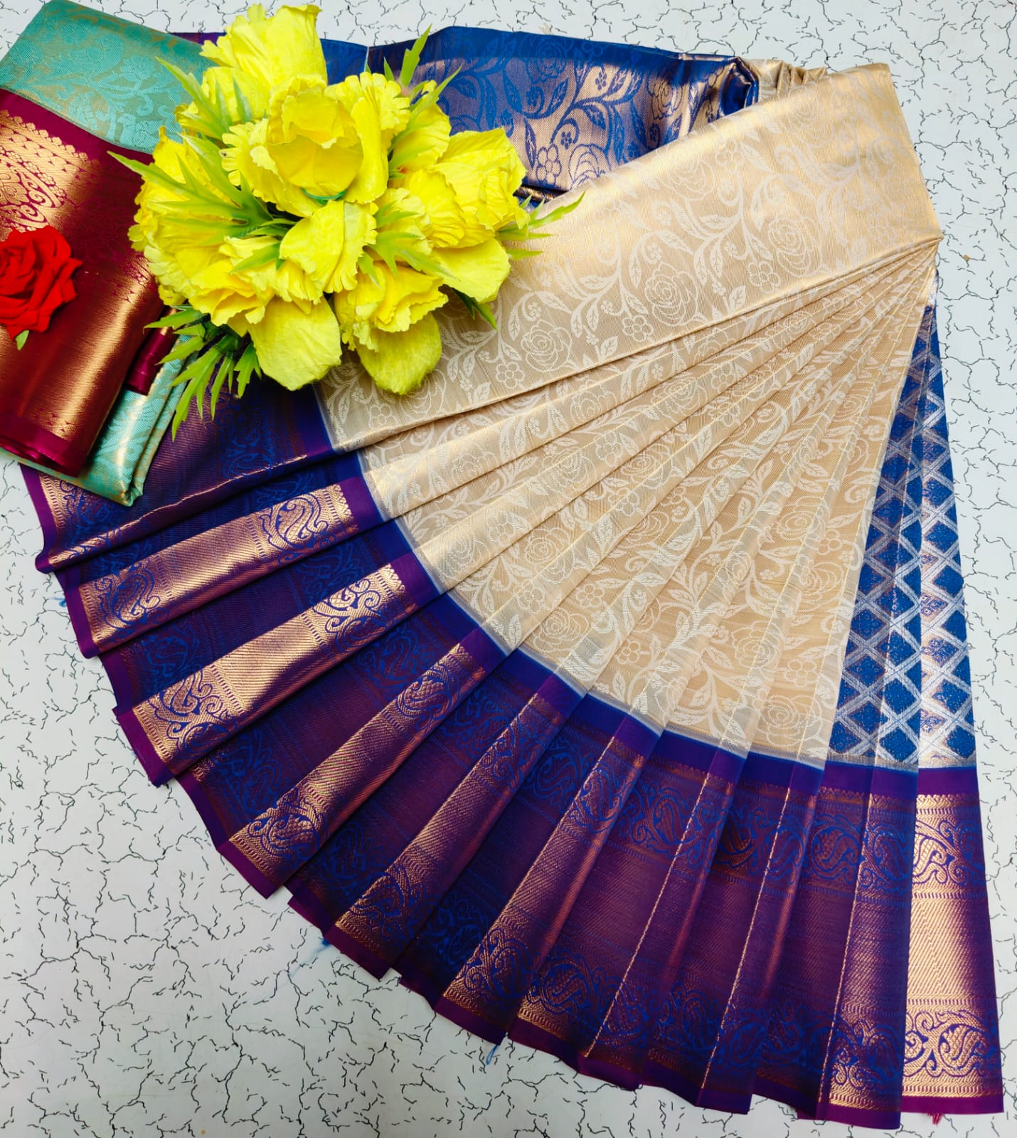 Cream White with Red Tissue Wedding Saree with Rich Zari Design